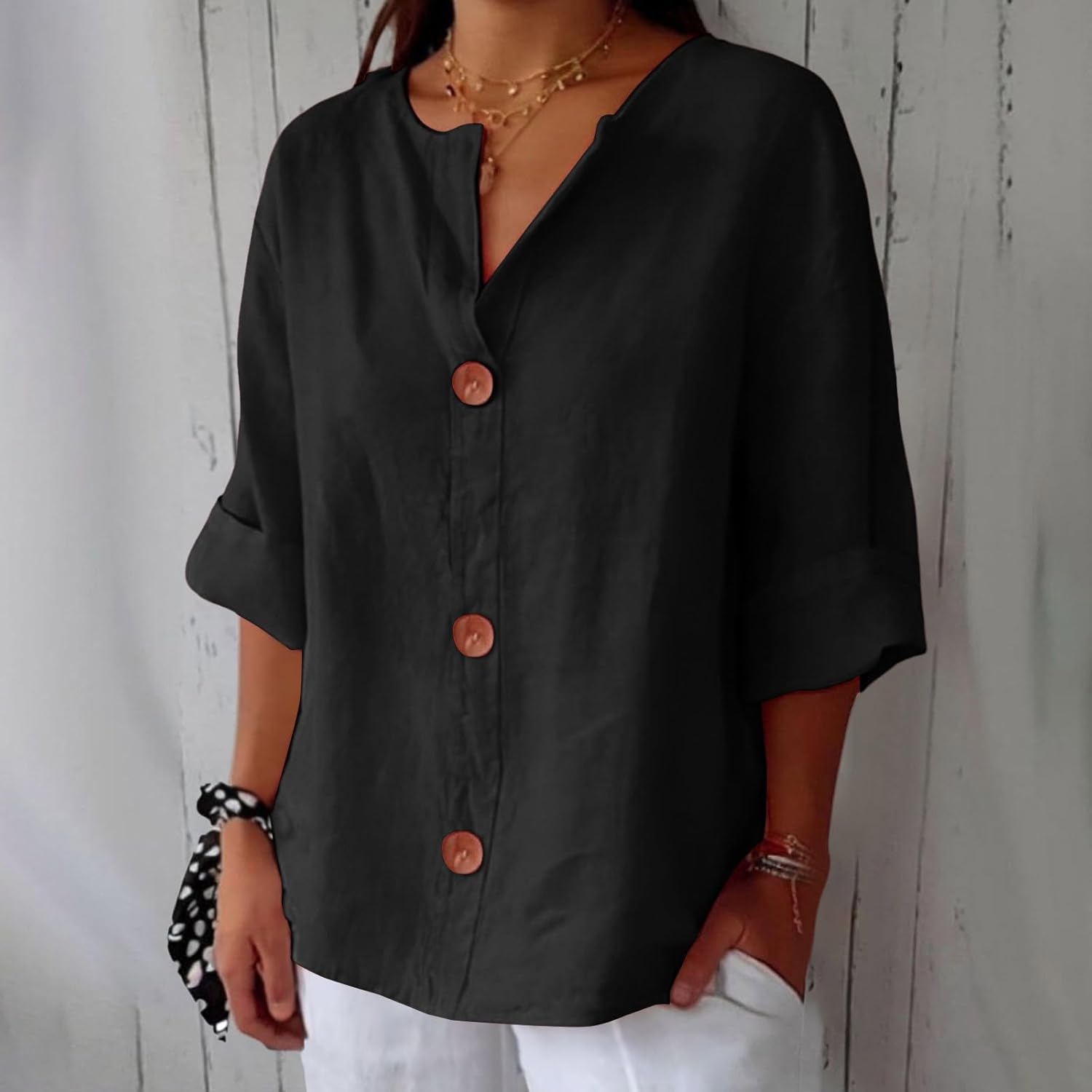 Leah™ | Klassieke Linnen Knop Blouse