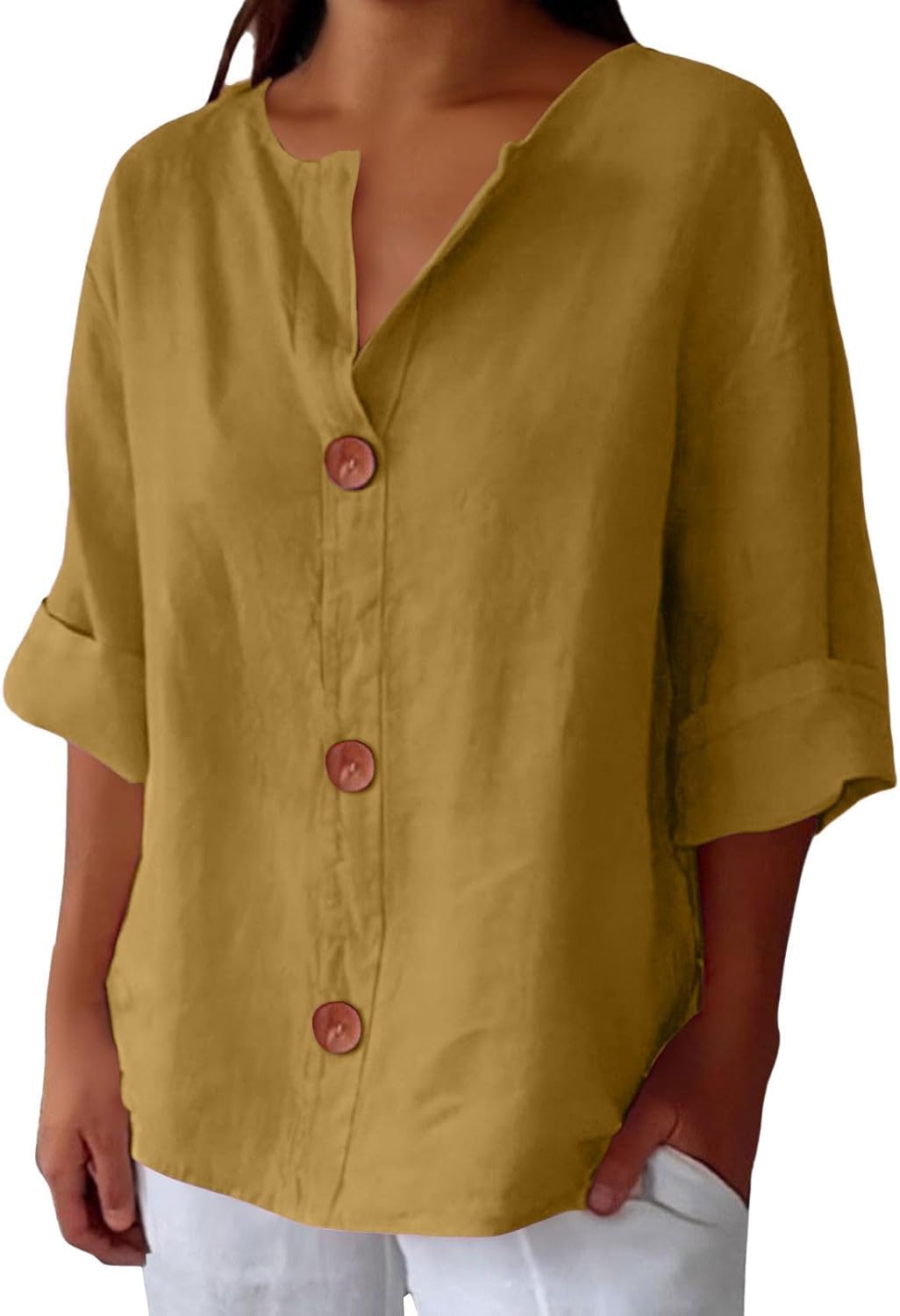Leah™ | Klassieke Linnen Knop Blouse